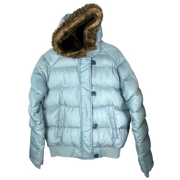 Polo Ralph Lauren Vintage Y2K Sky Blue Down Puffer Jacket Faux Fur Hood Medium - Picture 1 of 6